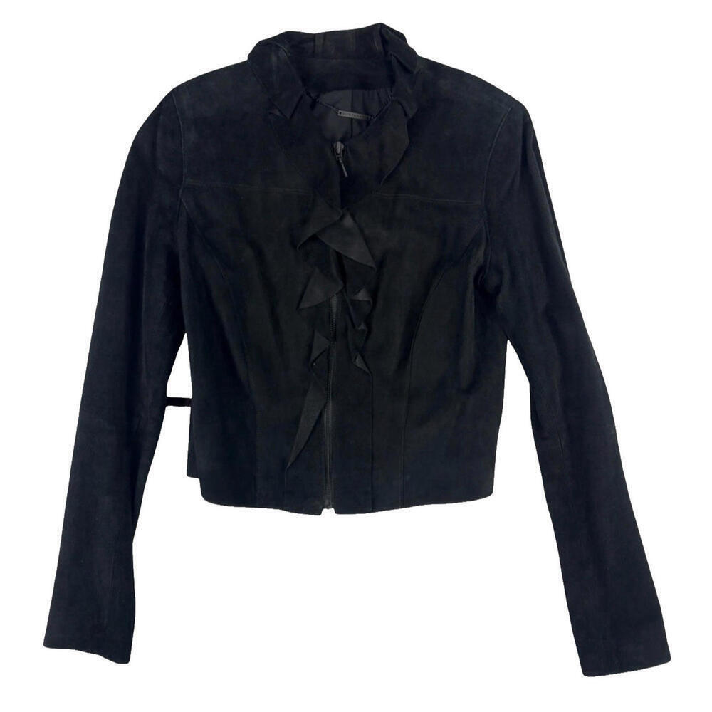 Elie Tahari Lamb Suede Cropped Ruffle Jacket Black Size 4 US